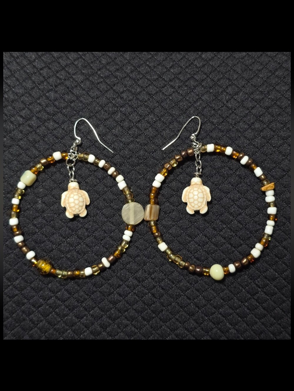 Handmade earthy tone beach, coastal  beaded hoop earrings with turtle charm